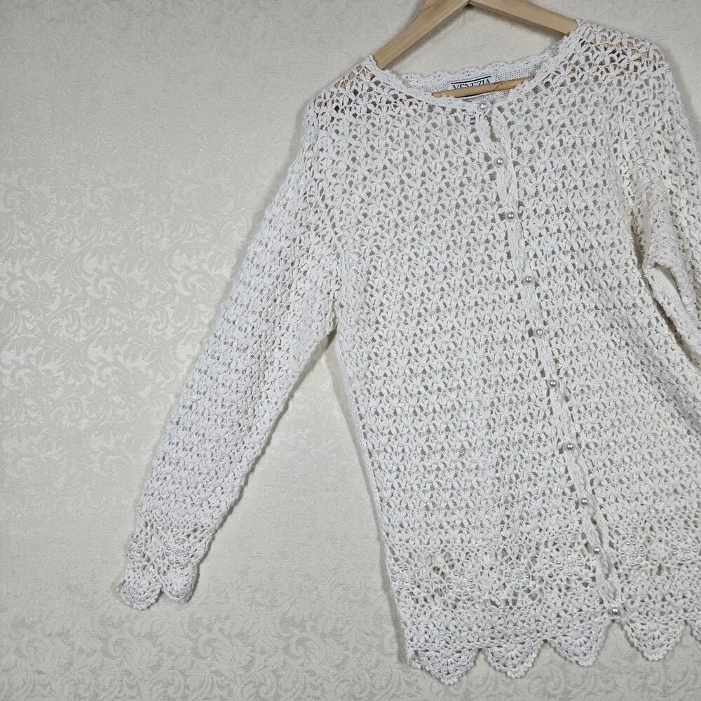 VTG Venezia Crochet Cardigan Sweater 14/16 Ivory Pearls Grandmacore Cottagecore